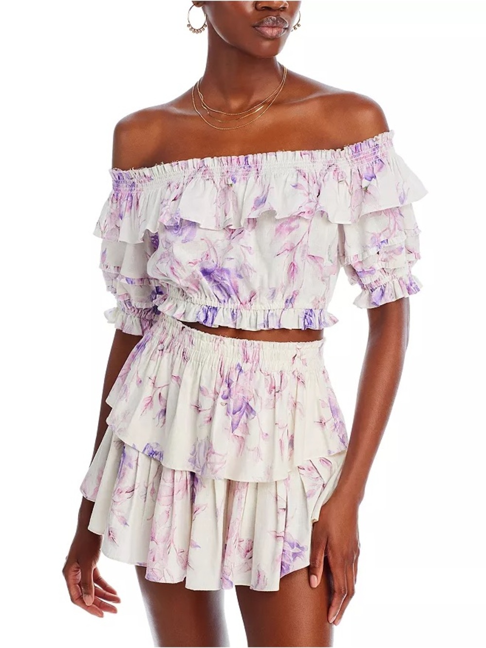 LoveShackFancy White Off-Shoulder Ruffled Skirt Set with Pink & Purple Floral